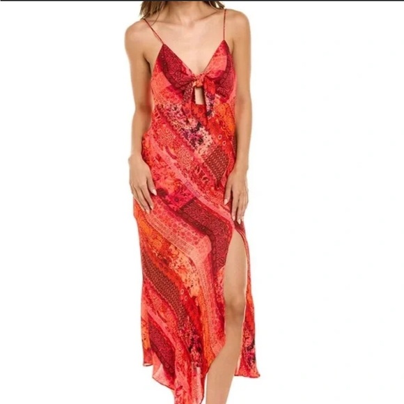 Sexy date hot Asymmetrical Midi Dress Summer Bright Coral red orange pink spring - Picture 5 of 9